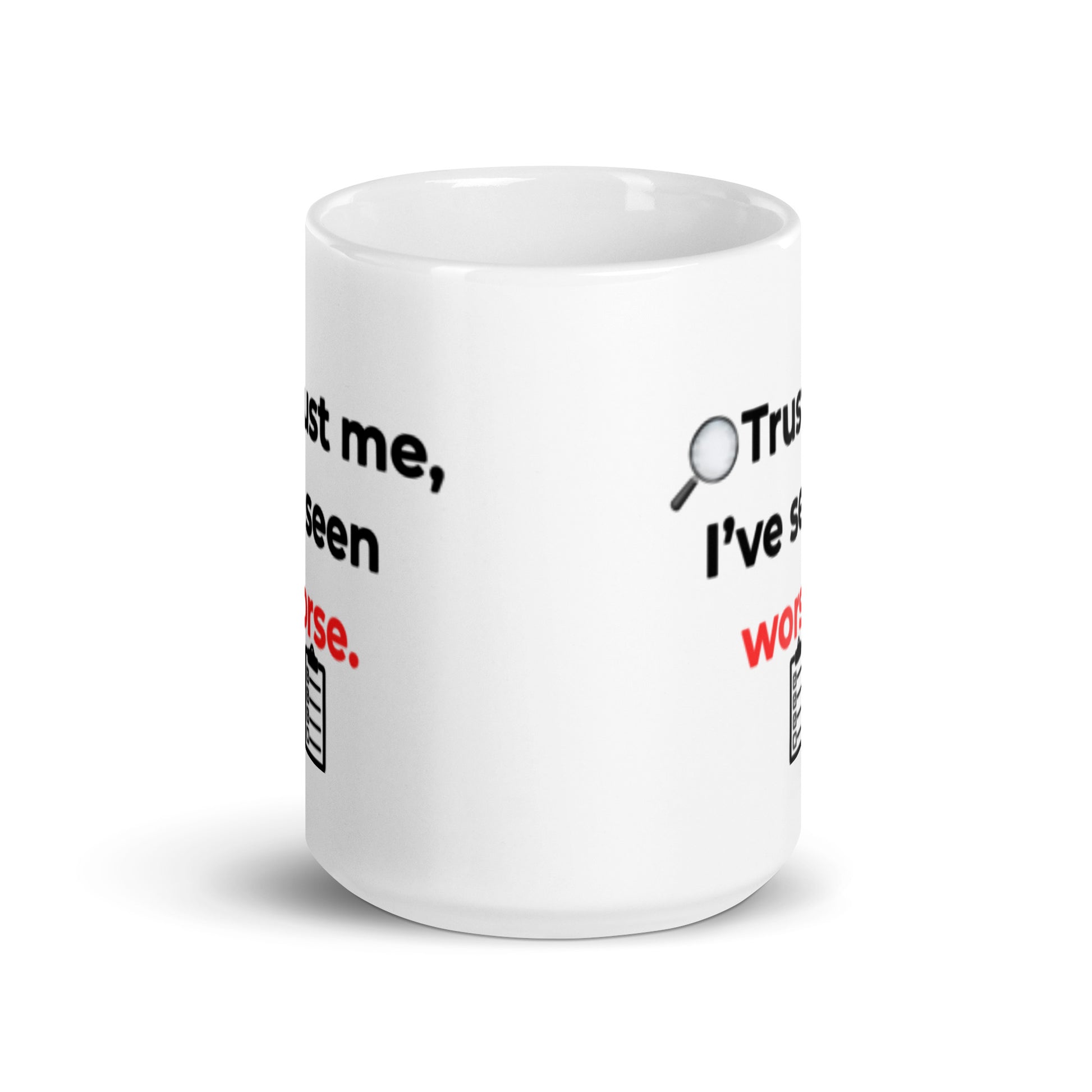 Side angle of white glossy ceramic mug with inspector humor quote