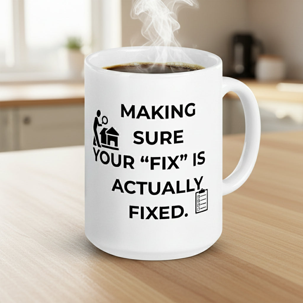 White ceramic inspector mug filled with coffee on clean kitchen cabinet.