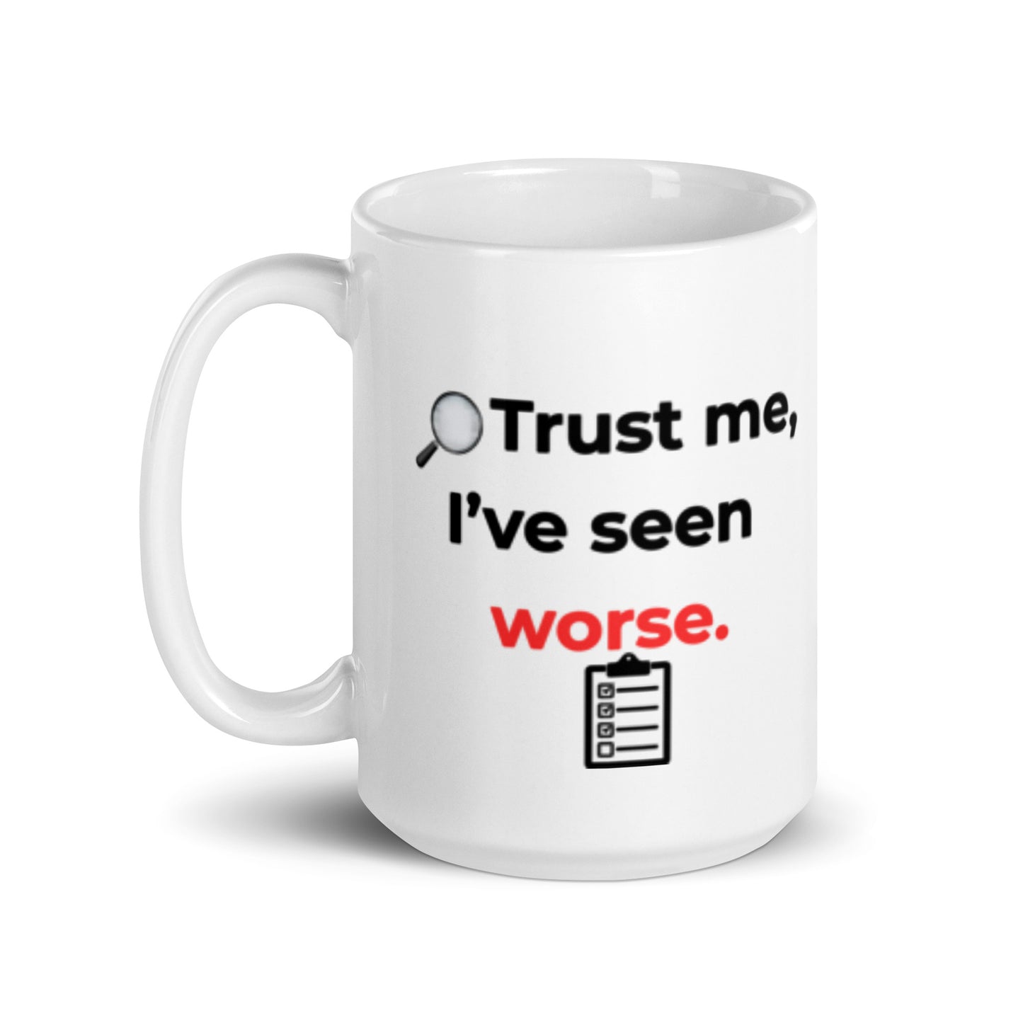 Product Side angle of white glossy ceramic mug with inspector humor quote