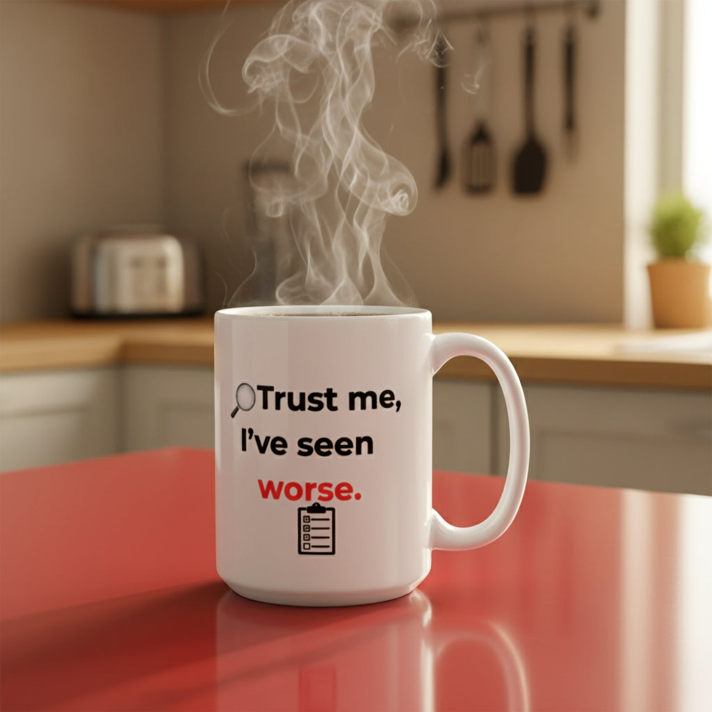 White mug with text 'Trust me, I've seen worse.' on a red surface in a kitchen setting.