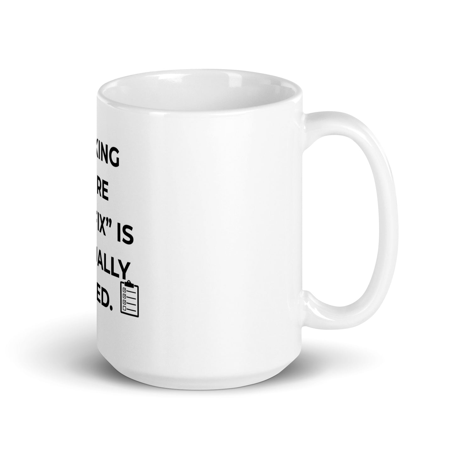 Side view of white ceramic field inspector mug showing glossy finish