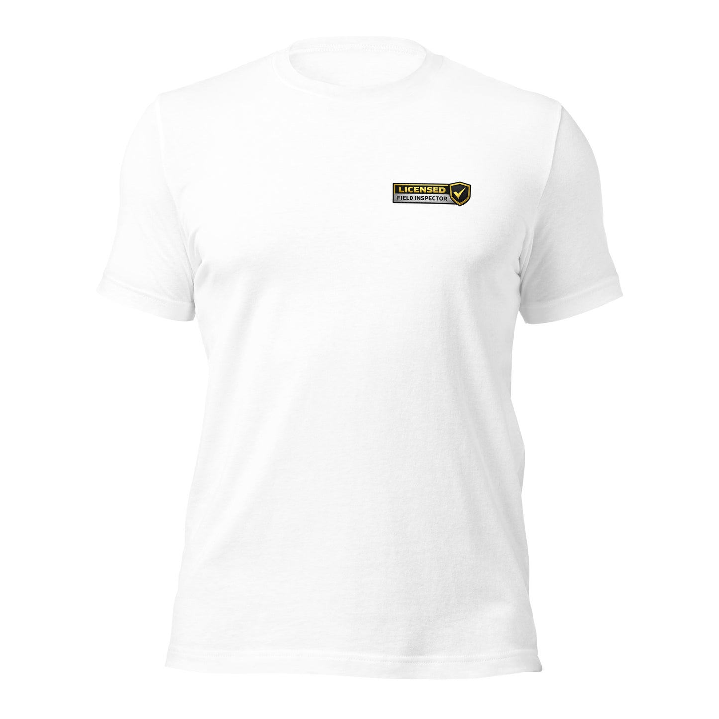 White Licensed Field Inspector Bella + Canvas 3001 shirt laying flat with licensed field inspector logo.
