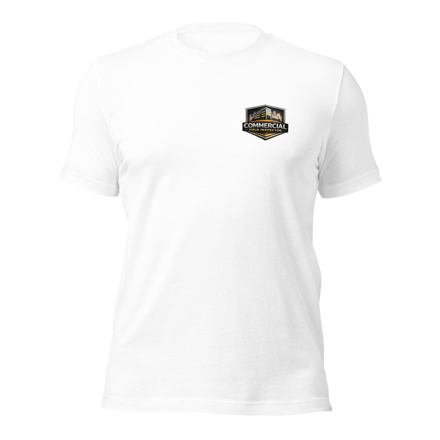 White Unisex Commercial Field Inspector Bella + Canvas 3001 shirt laying flat with commercial field inspector logo.