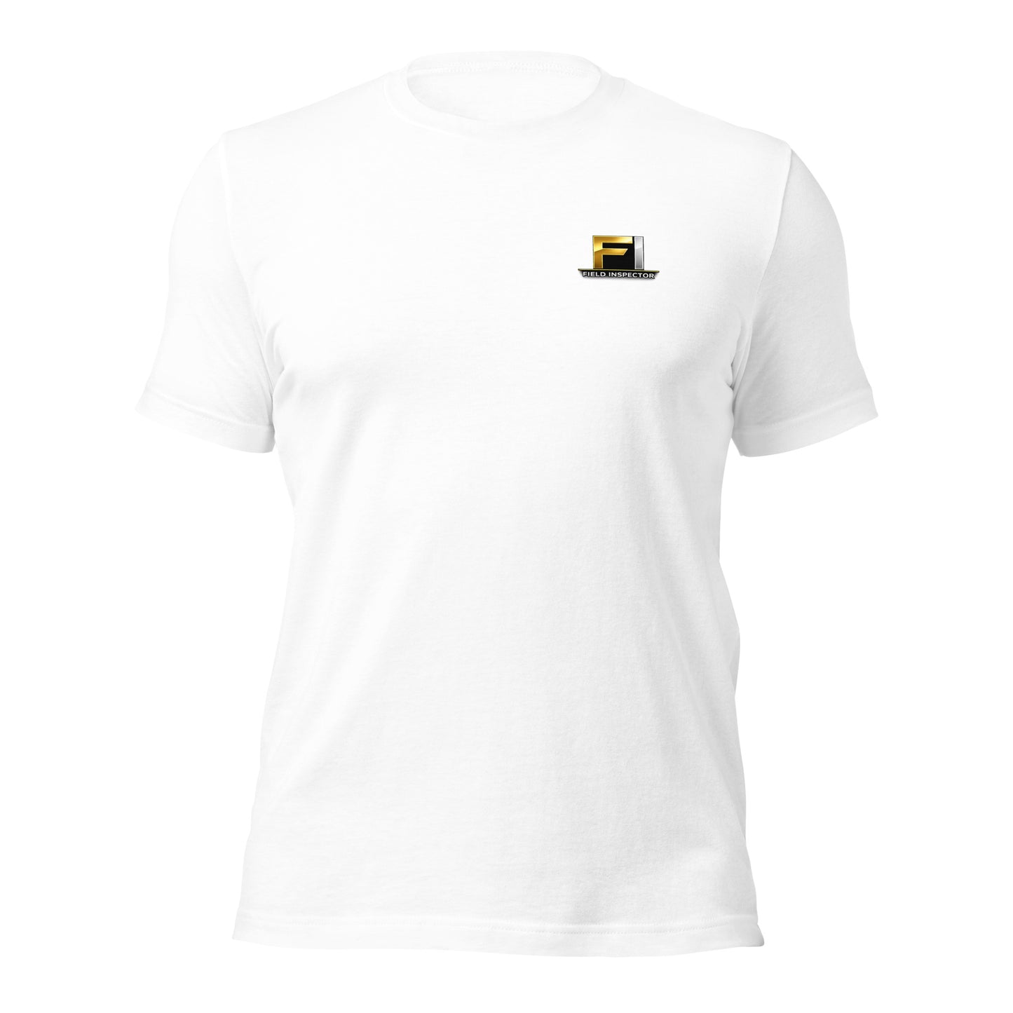 White Unisex FI Field Inspector Bella + Canvas 3001 shirt laying flat with professional FI field inspector logo.