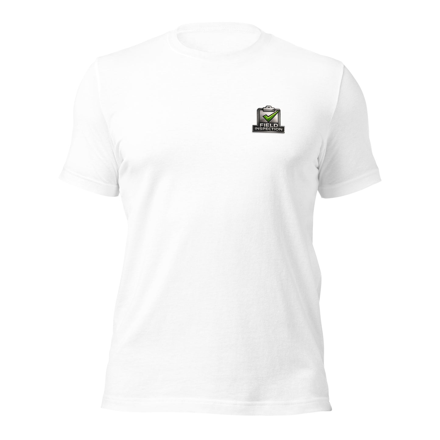 White Unisex Field Inspection Work Tee Bella + Canvas 3001 shirt laying flat with professional field inspector logo.