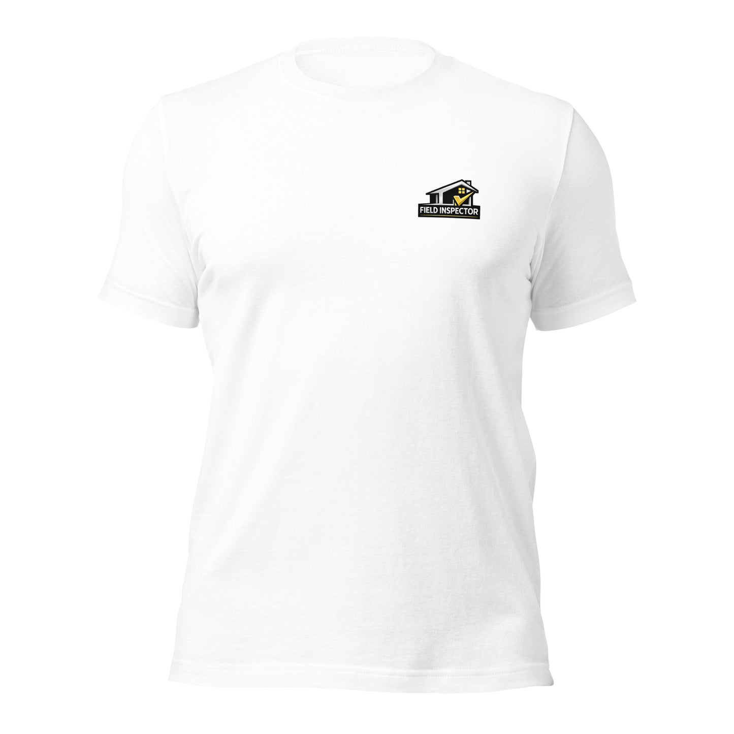 White Unisex Field Inspector Checkmark Tee Bella + Canvas 3001 shirt laying flat with field inspector logo and yellow checkmark.