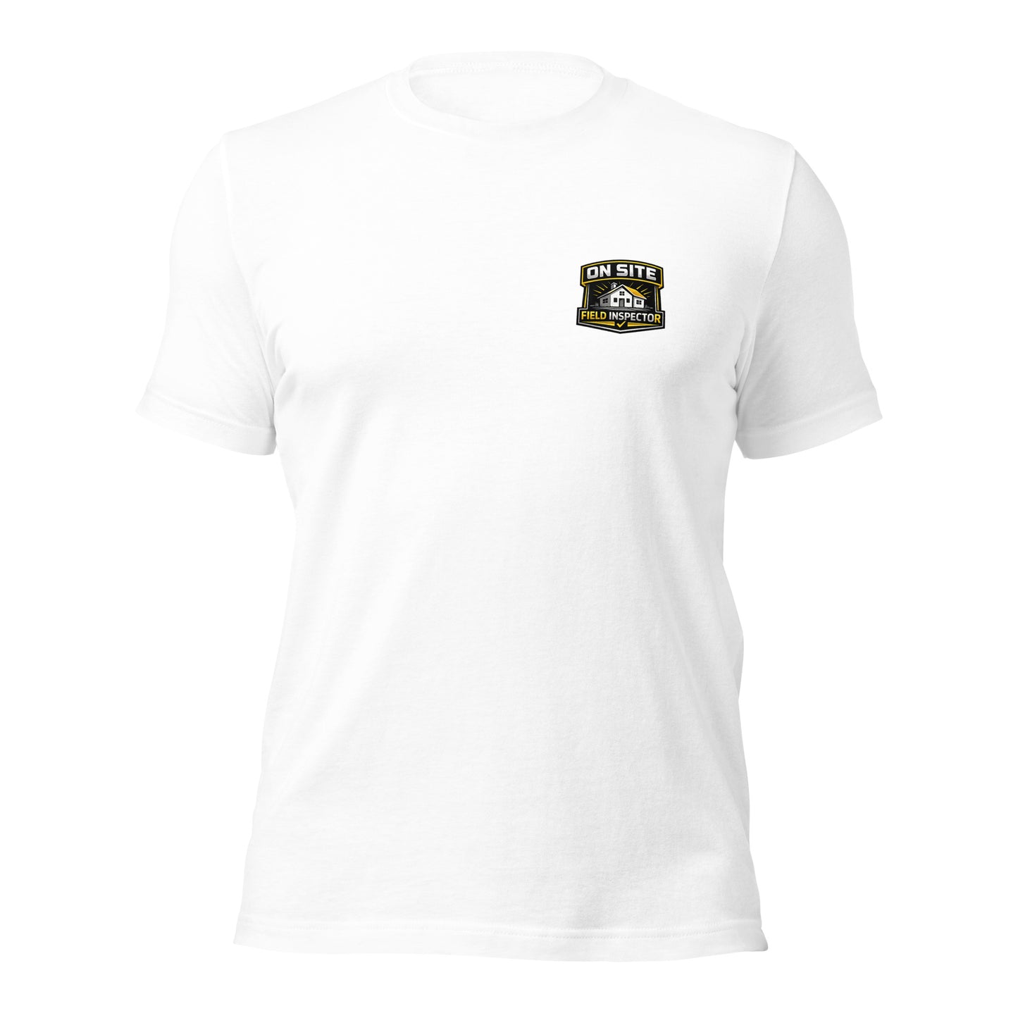White Unisex On Site Field Inspector Bella + Canvas 3001 shirt laying flat with professional field inspector logo.