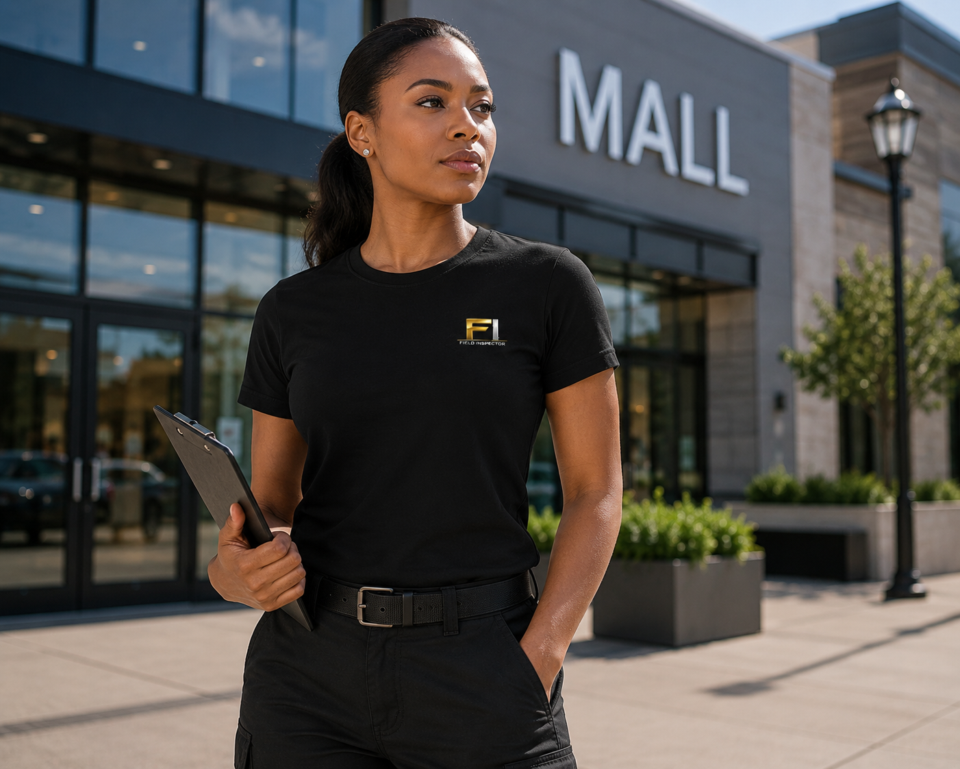 Woman field inspector wearing black Unisex FI Field Inspector Bella + Canvas 3001 shirt near commercial property.