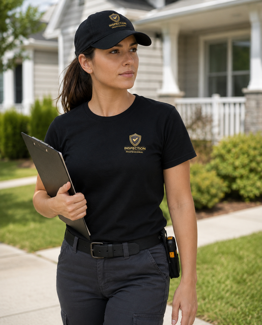 Woman inspector wearing black Unisex Inspection Professional Bella + Canvas 3001 work shirt outdoors near commercial property.