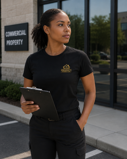 Professional Unisex Property Inspector shirt on Bella + Canvas 3001. Lightweight inspector work tee in black, maroon, gold & white.