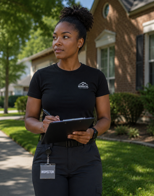 Woman residential field inspector wearing black Unisex Residential Field Inspector Bella + Canvas 3001 shirt outdoors near property.