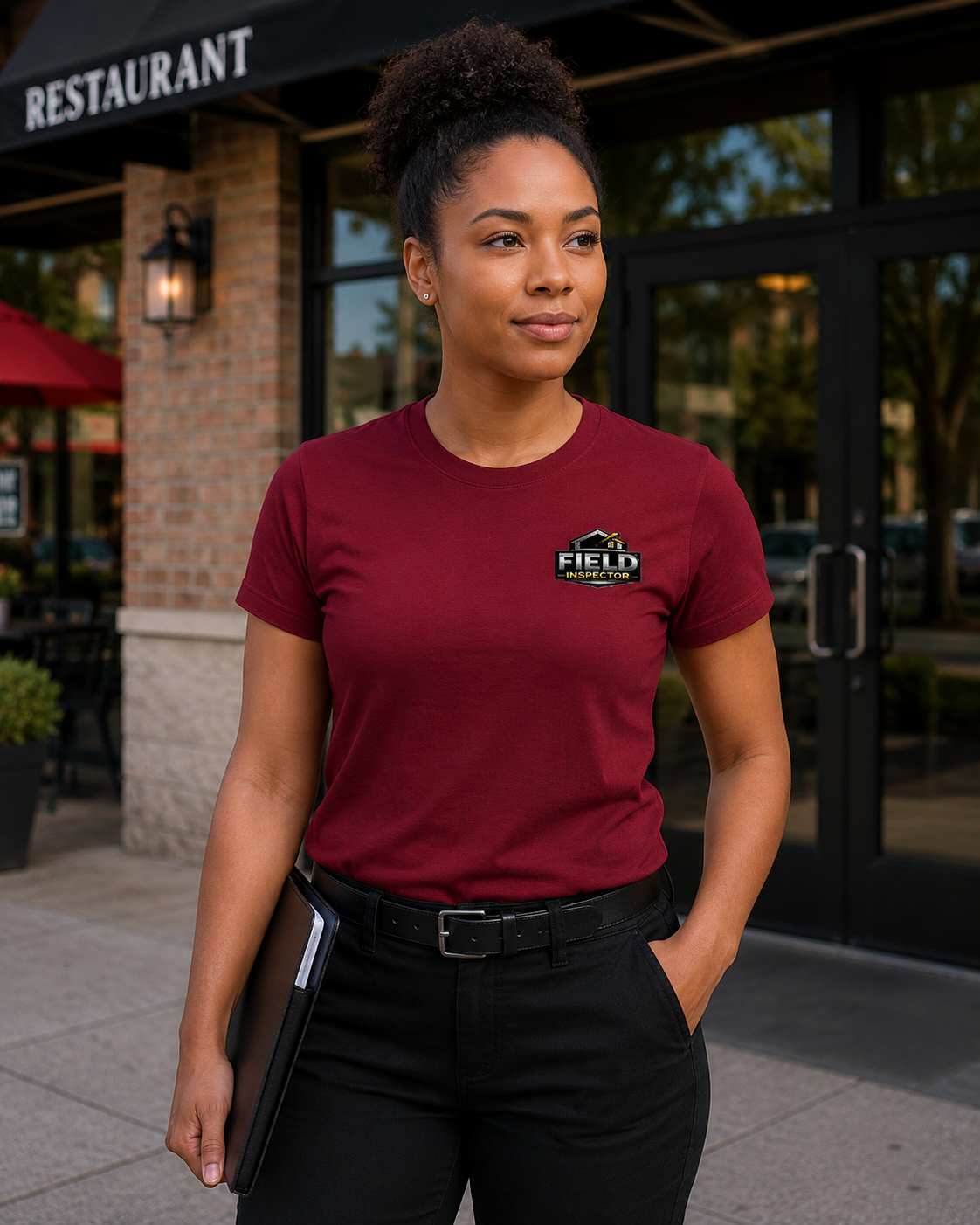 Woman field inspector wearing cardinal Unisex Professional Field Inspector Tee Bella + Canvas 3001 shirt outdoors near property.