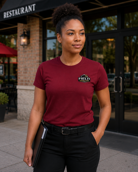 Woman field inspector wearing cardinal Unisex Professional Field Inspector Tee Bella + Canvas 3001 shirt outdoors near property.