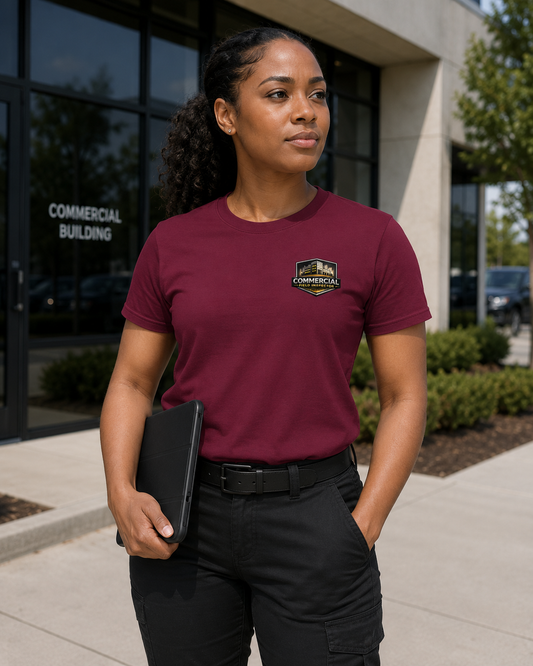 Woman commercial field inspector wearing maroon Unisex Commercial Field Inspector Bella + Canvas 3001 shirt near commercial property.