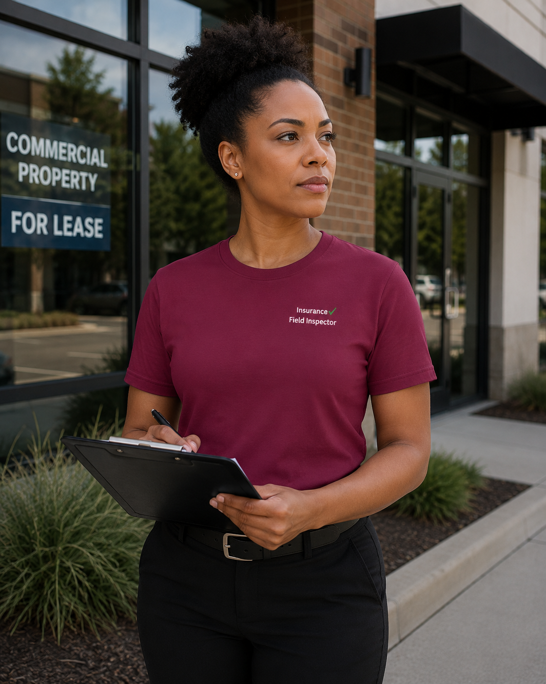 Woman insurance field inspector wearing maroon Unisex Insurance Field Inspector Bella + Canvas 3001 shirt near commercial property.
