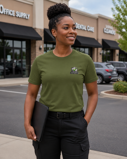 Woman field inspector wearing olive Unisex Field Inspection Work Tee Bella + Canvas 3001 shirt near commercial property.