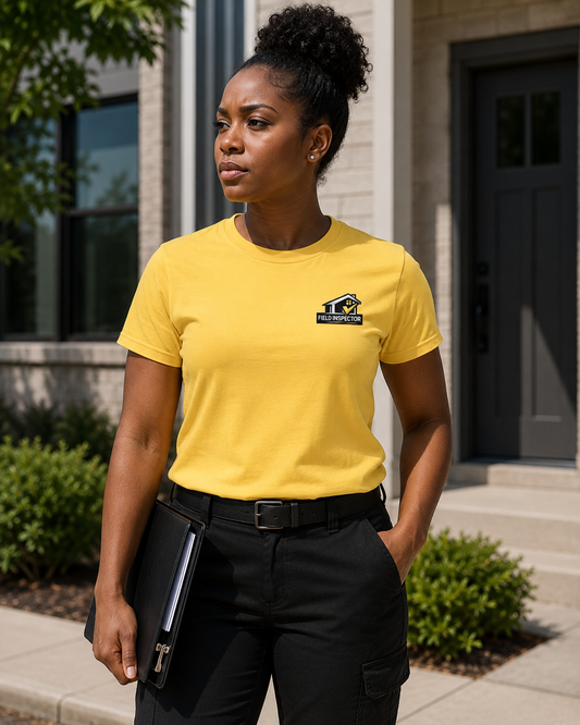 Woman field inspector wearing yellow Unisex Field Inspector Checkmark Tee Bella + Canvas 3001 shirt outdoors near property.