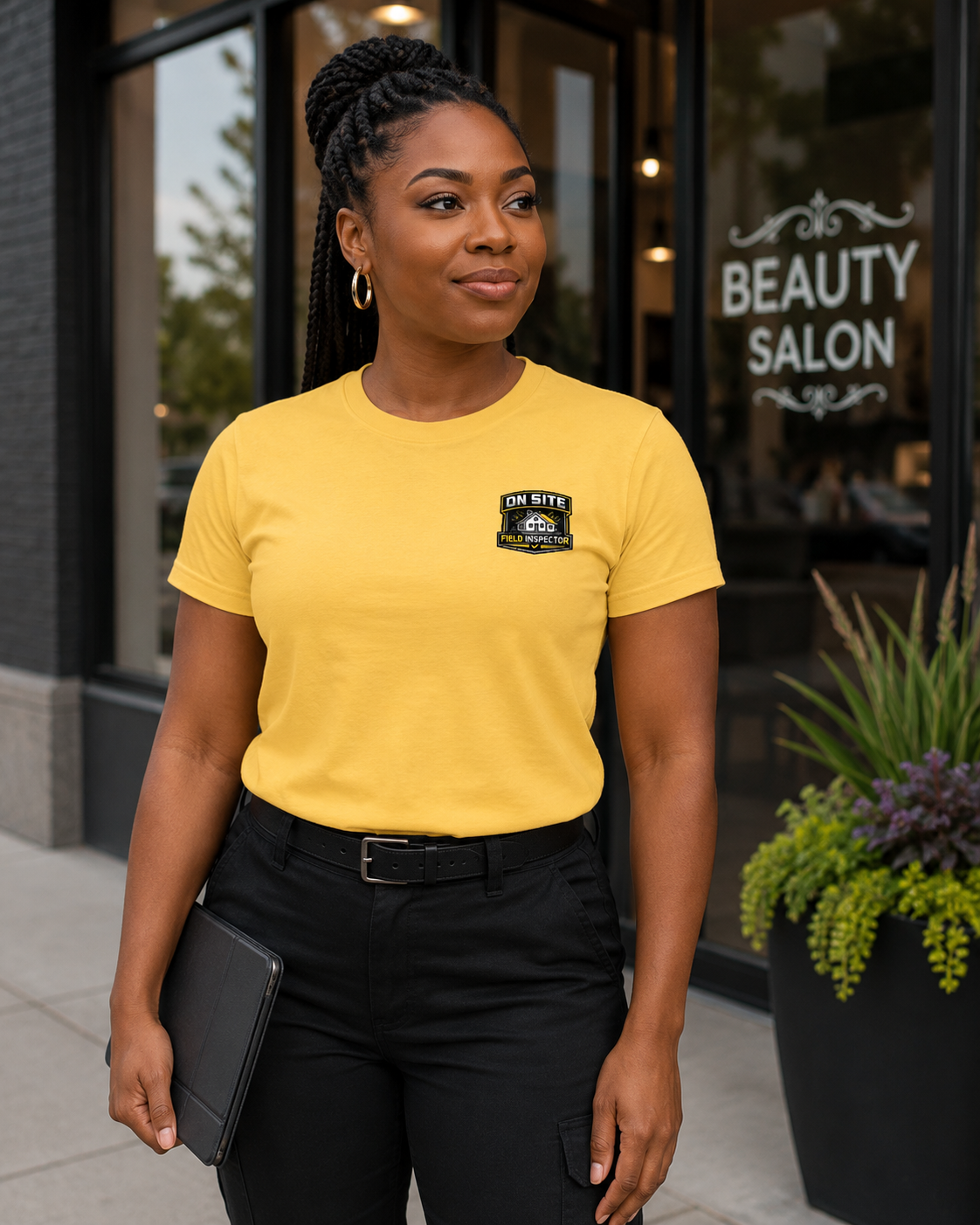 Woman field inspector wearing yellow Unisex On Site Field Inspector Bella + Canvas 3001 shirt near commercial property.