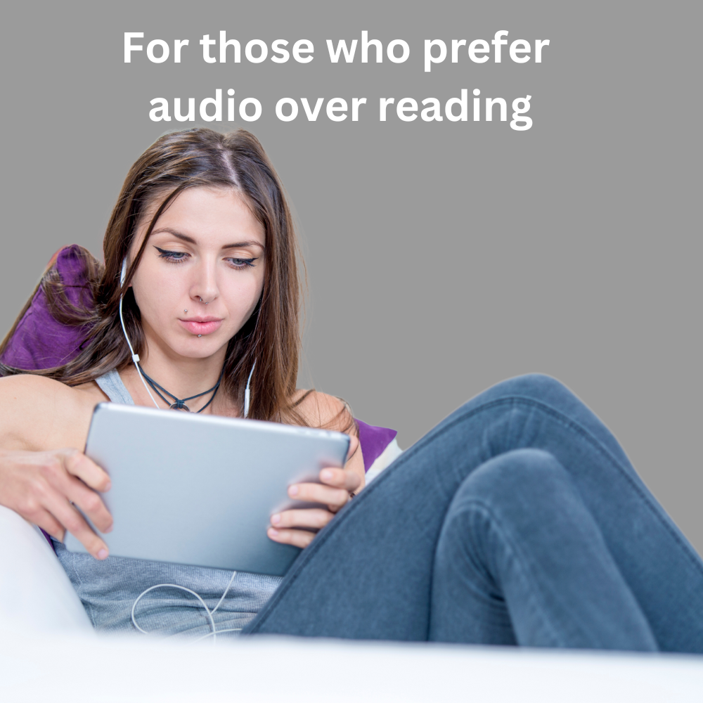 Woman listening to Live Scan fingerprinting training on an iPad while wearing earbuds for digital learning.