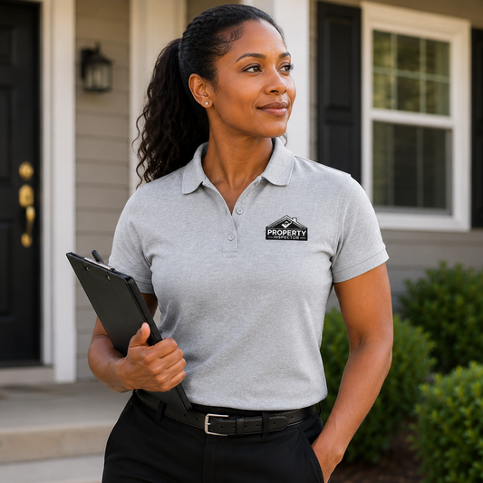 Professional woman property inspector wearing a sport grey polo shirt while conducting a residential inspection outdoors.