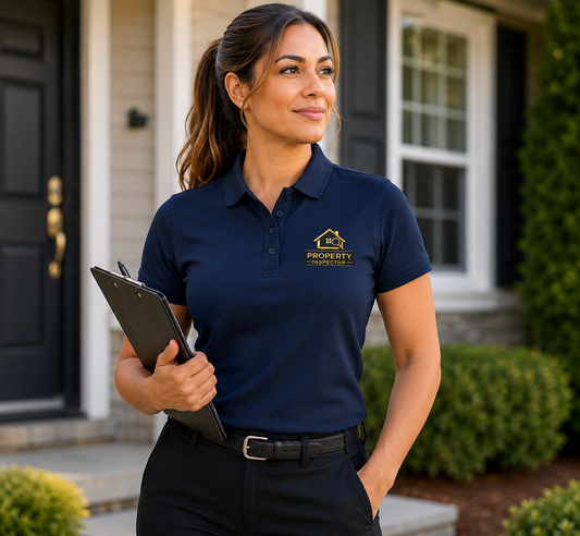 Professional woman wearing a navy Property Inspector polo shirt while conducting a residential property inspection outdoors.