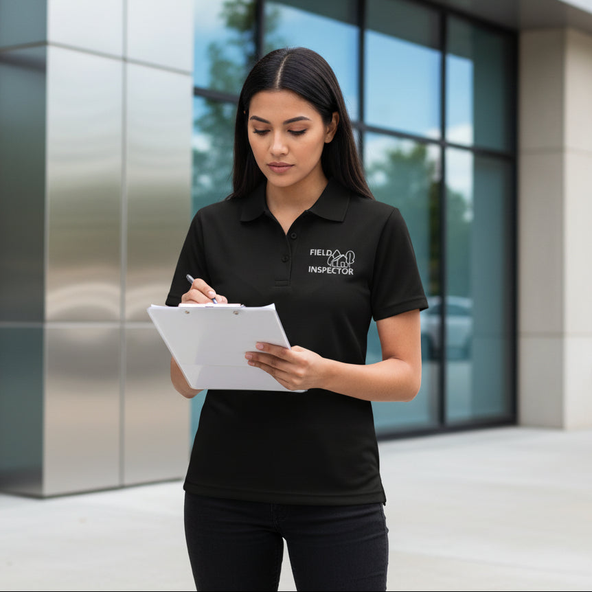 Black women’s field inspector polo shirt designed for professional insurance and property inspections.