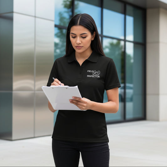 Woman in a black 'Field Inspector' shirt holding a clipboard outdoors.