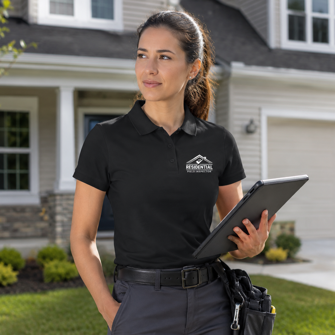 Woman wearing a black residential field inspector polo shirt while standing outside a residential property holding a tablet.
