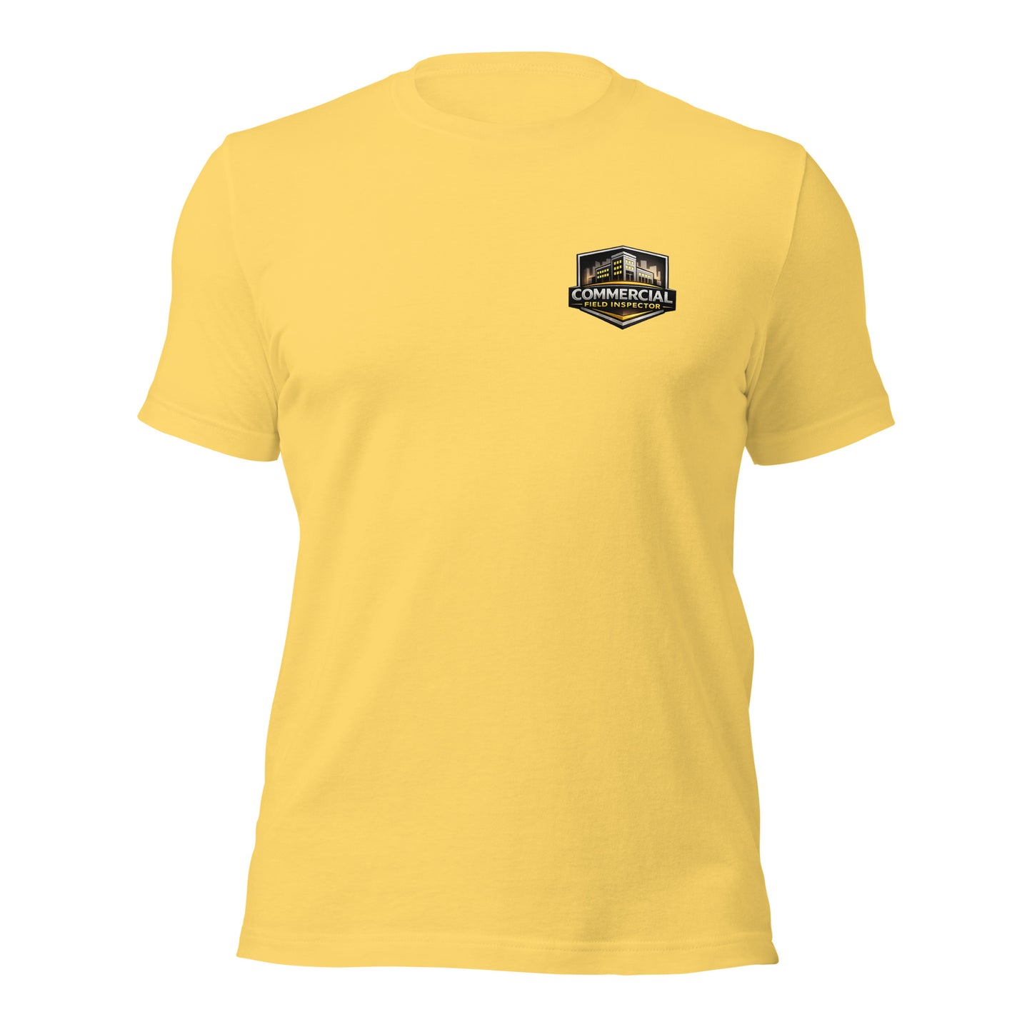 Yellow Unisex Commercial Field Inspector Bella + Canvas 3001 shirt laying flat with professional inspector logo.
