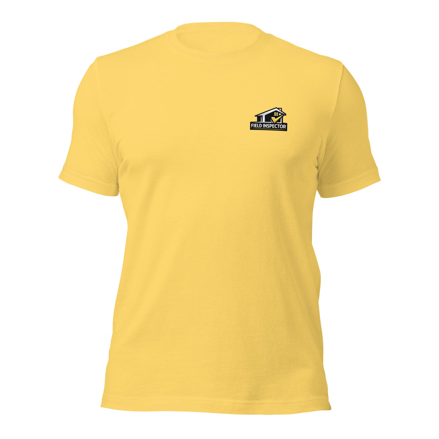 Yellow Unisex Field Inspector Checkmark Tee Bella + Canvas 3001 shirt laying flat with professional field inspector logo.