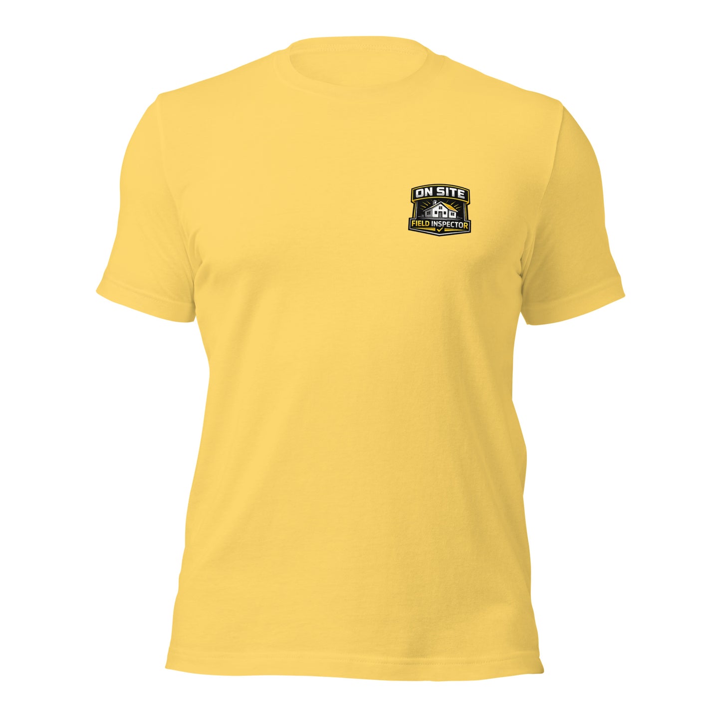 Yellow Unisex On Site Field Inspector Bella + Canvas 3001 shirt laying flat with On Site Field Inspector logo.