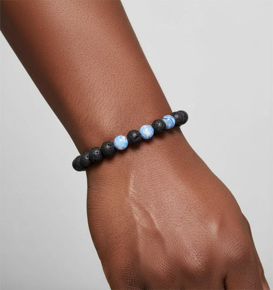 DeFit Designs BRACELET Black And White Lava Stone Bracelet-Lnk Blue Bead Bracelet