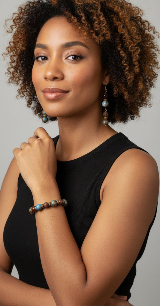 DeFit Designs BRACELET Lava And Natural Stone Bracelet And Earring Set-Brown Lava Stone