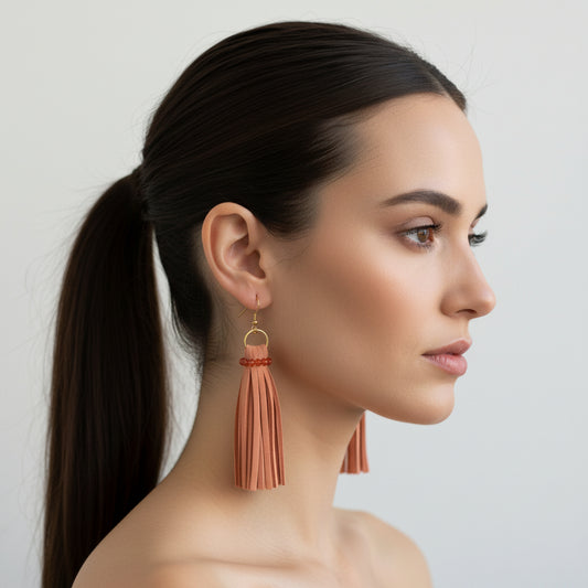 DeFit Designs Earrings Orange Faux Leather Tassel Earrings-Leather Fringe Earrings-Shoulder Duster
