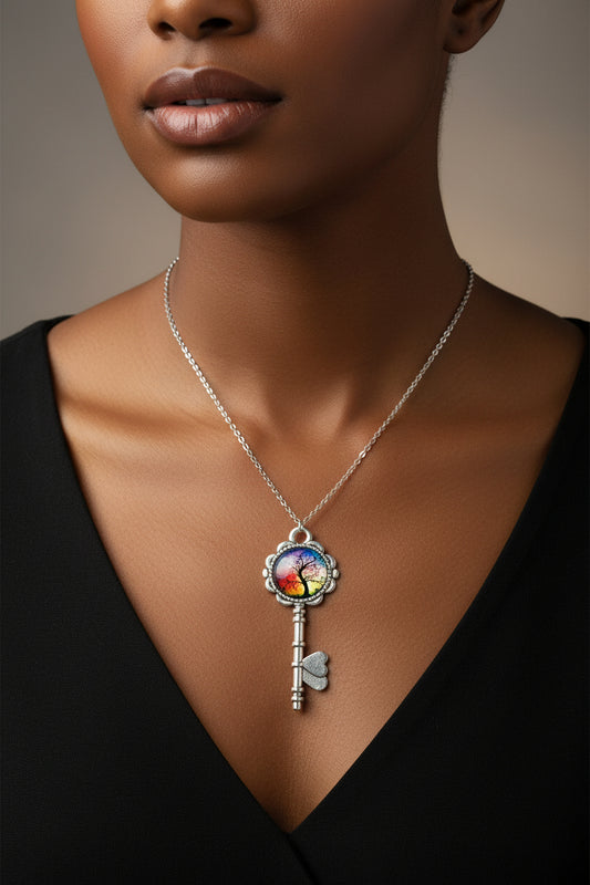 A woman wearing the Fiery Tree of Life Necklace with silver key pendant