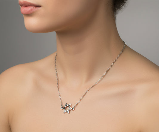 A woman wearing a stainless steel Star of David necklace