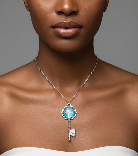 A woman wearing the Cabochon Key Necklace with Tree of Life pendant on silver chain